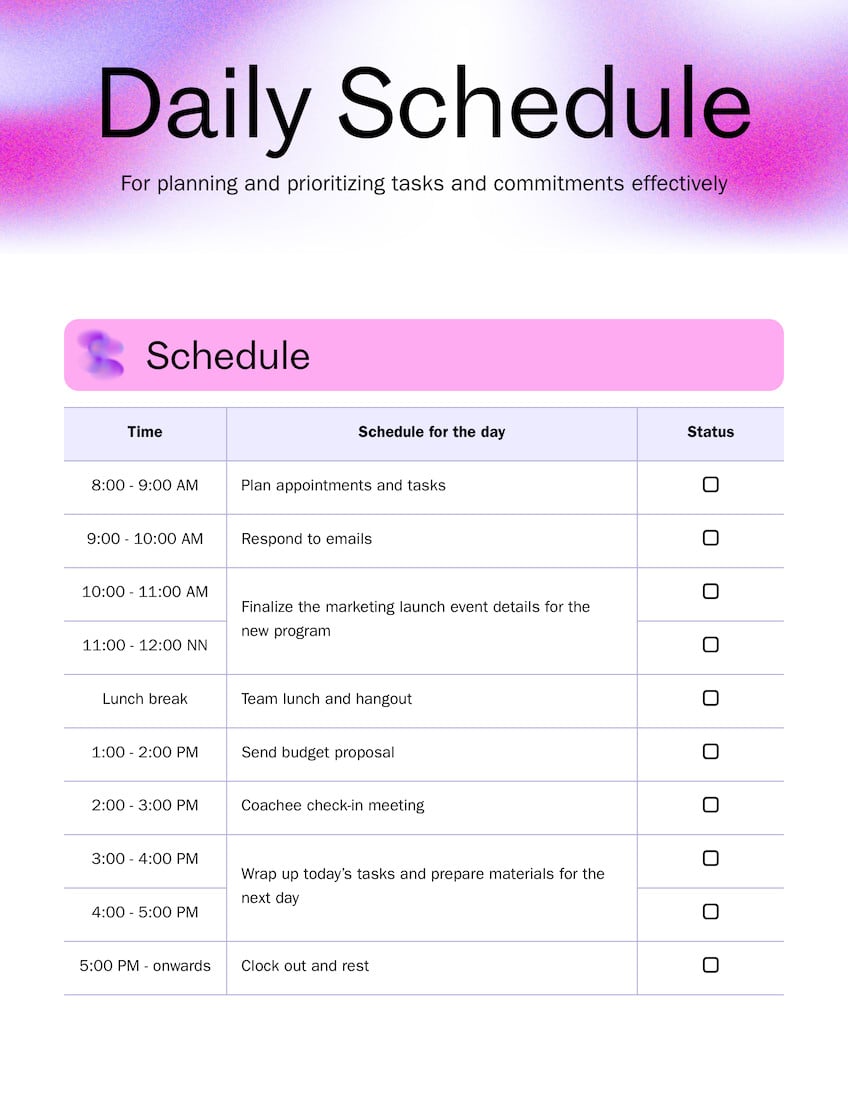Daily Schedule Doc in Pink Lavender Pop & Simple Style