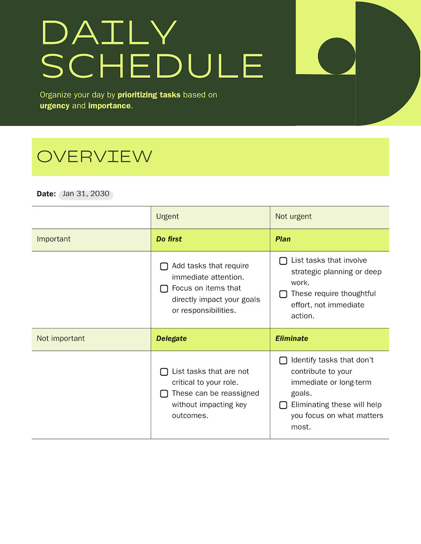 Daily Schedule Doc in Dark Green Yellow Green Serious Bright Style
