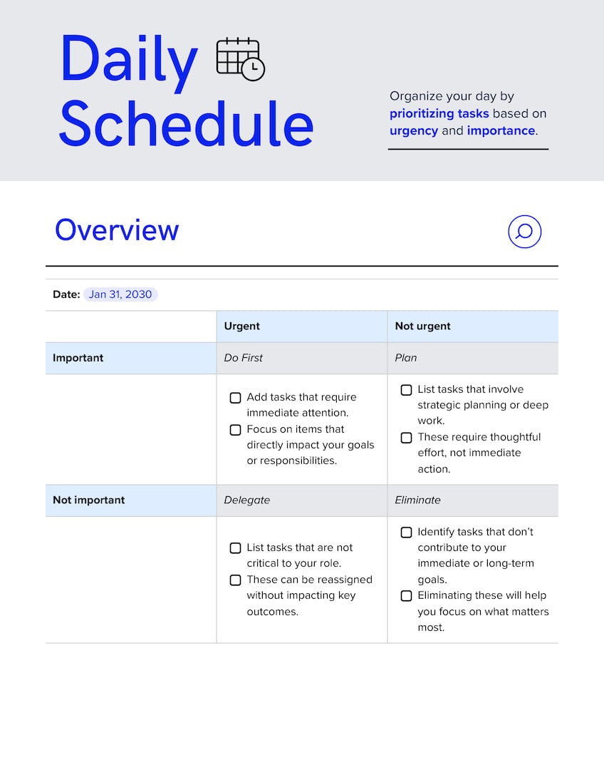 Daily Schedule Doc in Grey Bright Blue Light Blue Serious Business Style