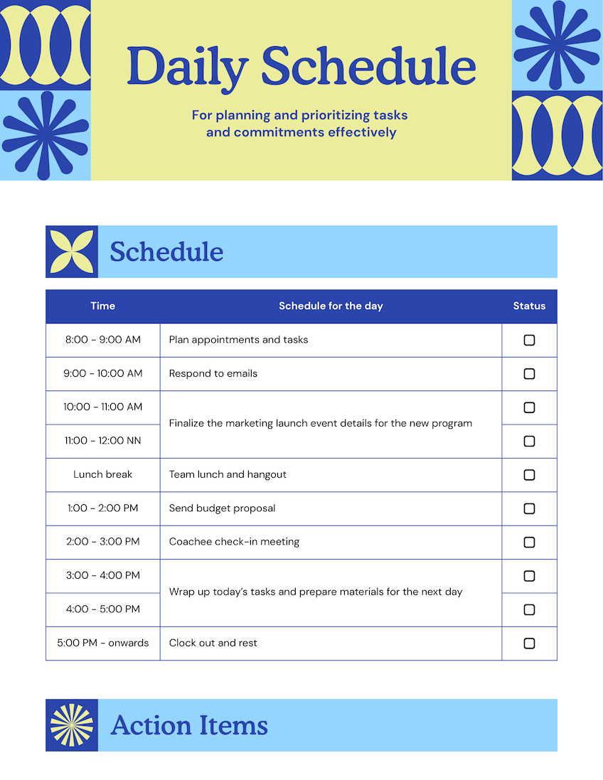 Daily Schedule Doc in Yellow Dark Blue Light Blue Boldly Modern Style