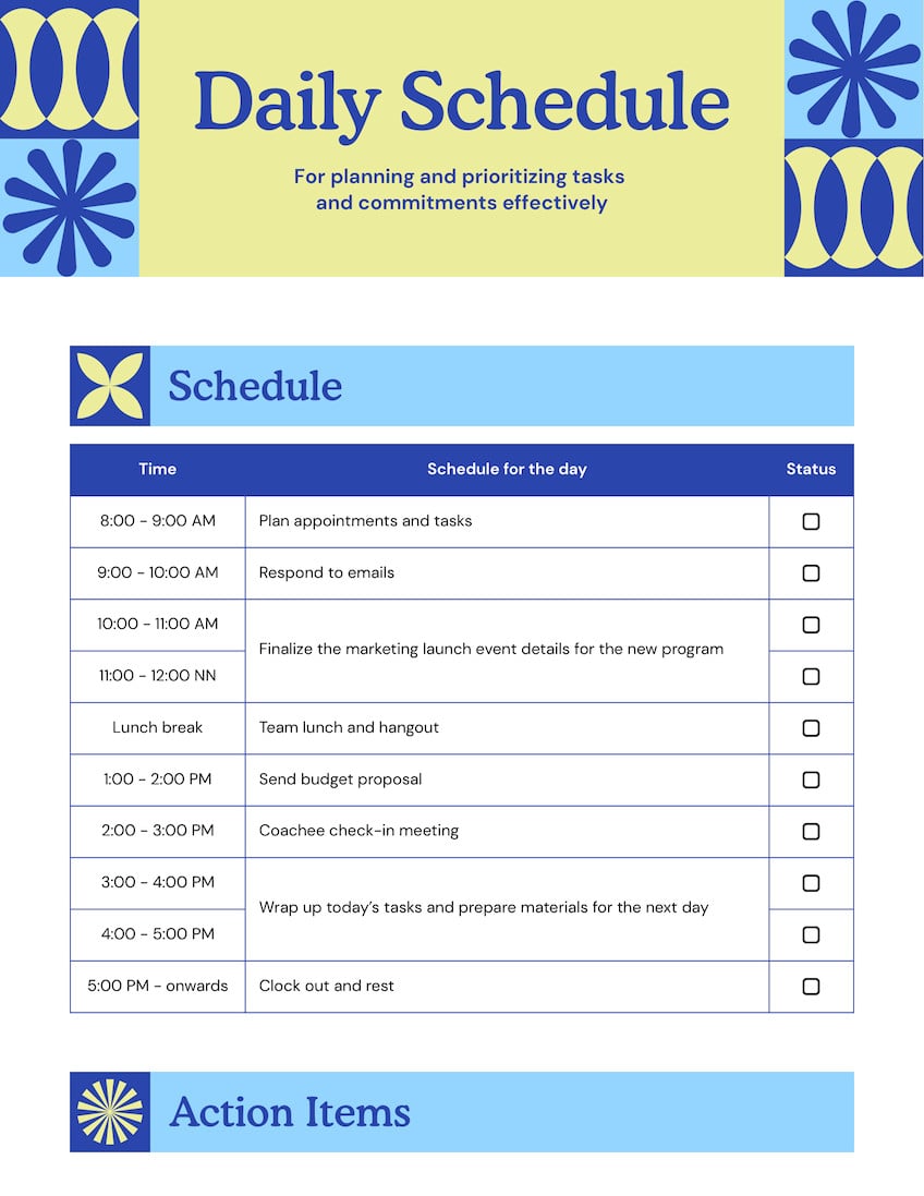 Daily Schedule Doc in Yellow Dark Blue Light Blue Boldly Modern Style