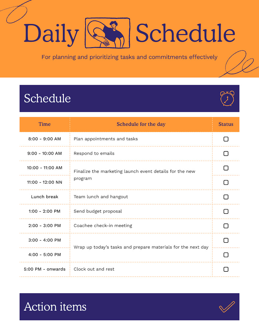 Daily Schedule Doc in Orange Dark Blue Workplace Doodles Style