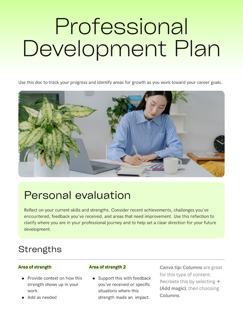 Professional Development Plan Doc in Bright Green Black and White Pop & Simple Style