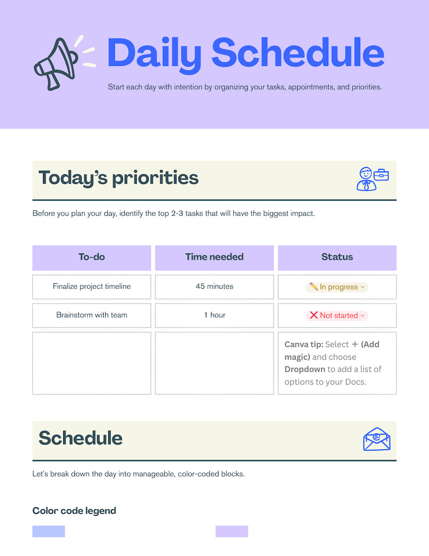 Daily Schedule Doc in Pastel Purple Blue Cream Workplace Doodles Style