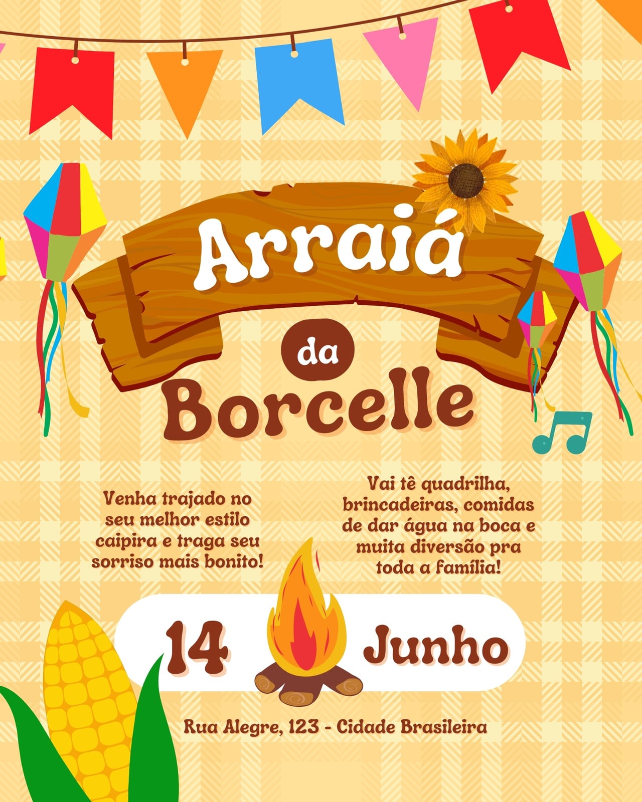 Amarelo, Vermelho e Marrom Ilustrado Festa Junina Post para Instagram 