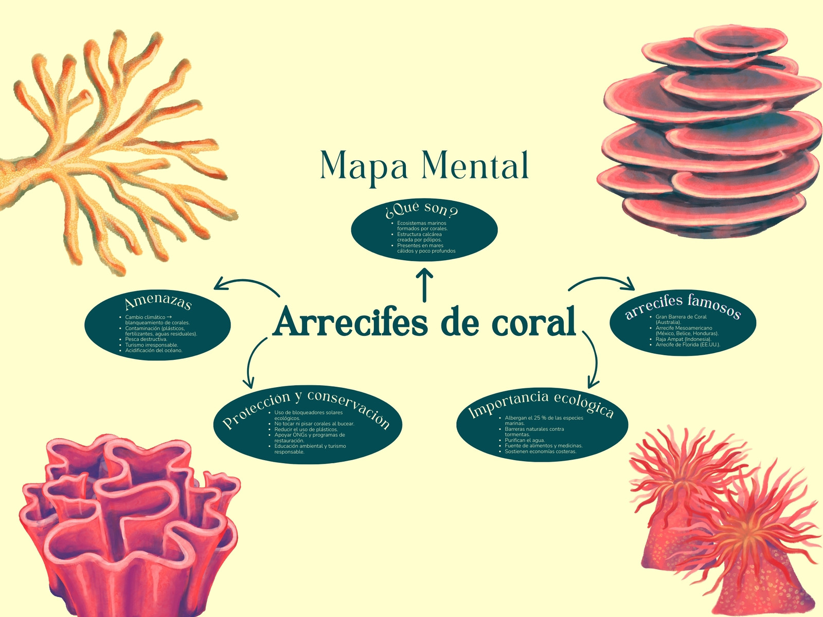 Mapa Mental Arrecifes de Coral Ilustrativo Beige y Azul