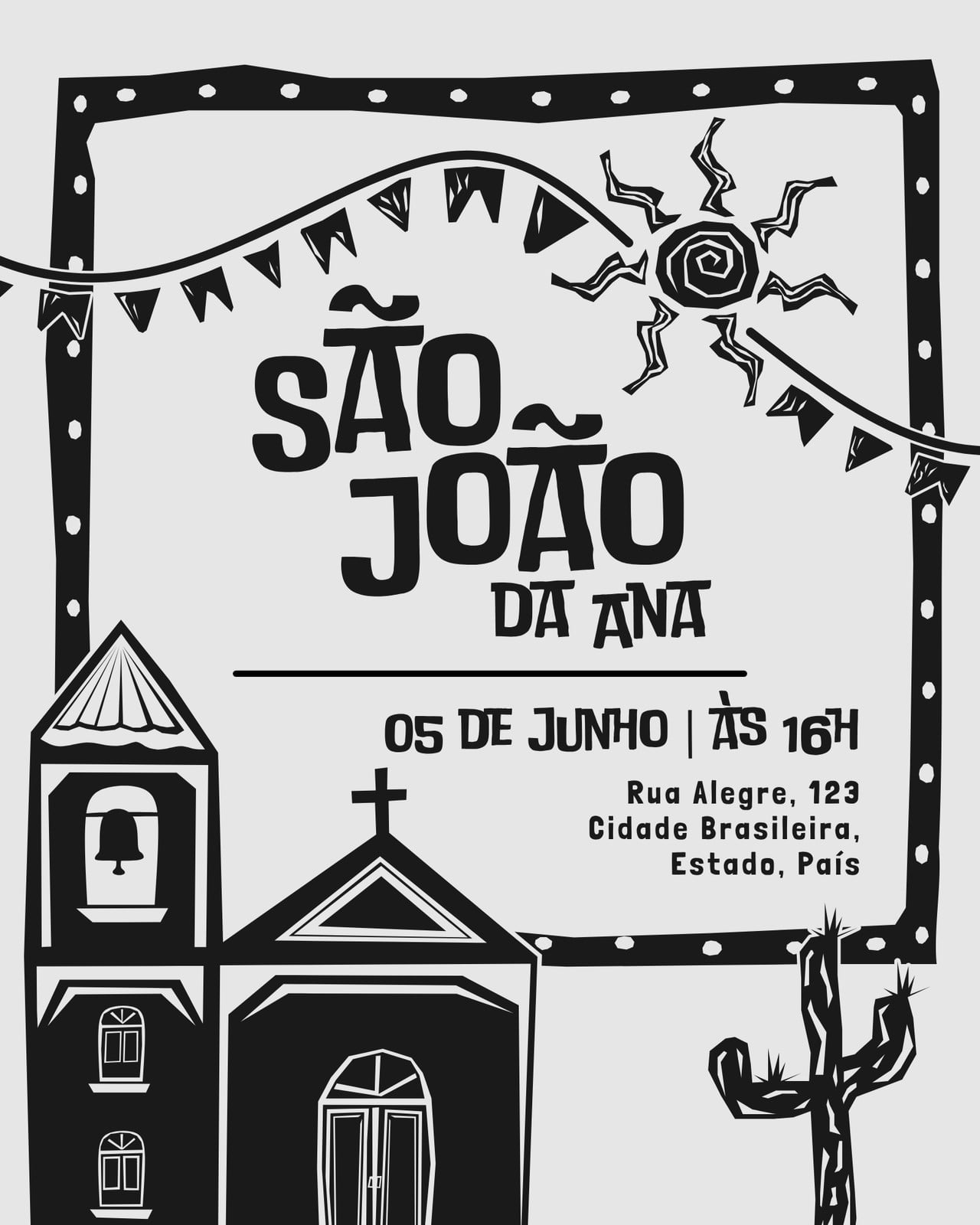 Post instagram convite para festa junina de aniversário estilo xilogravura preto e branco simples