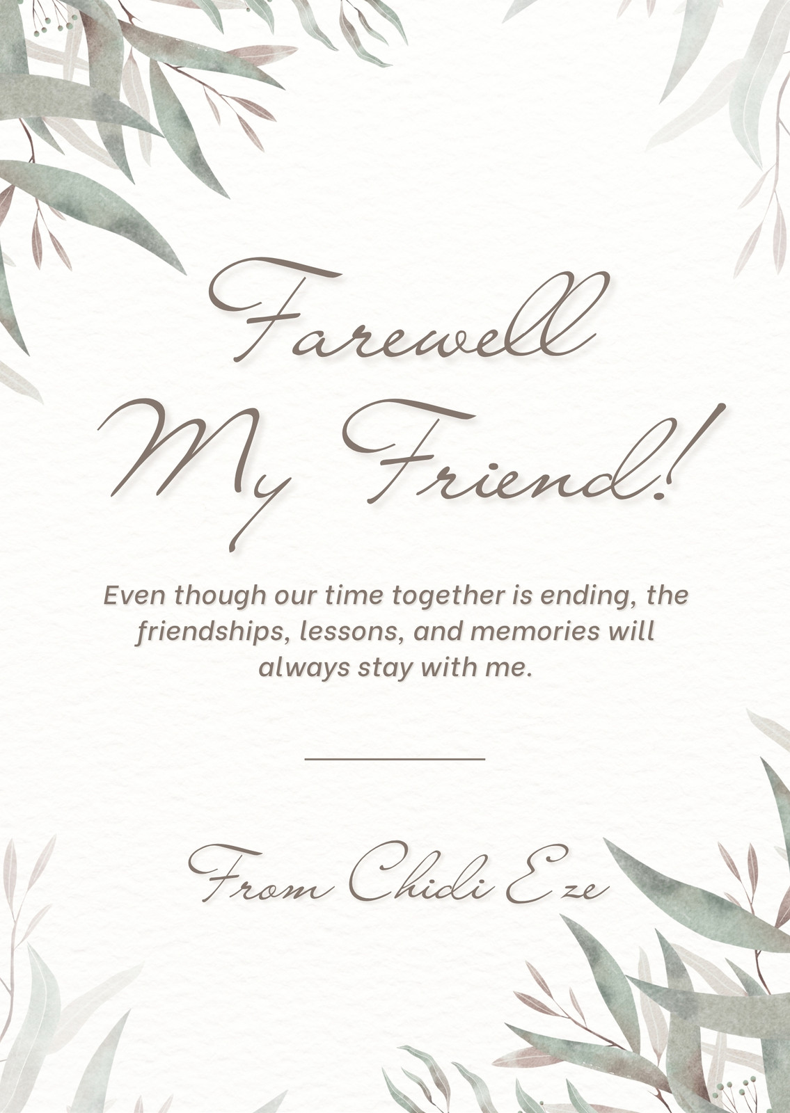 Grey and White Leaves Watercolor Farewell Card