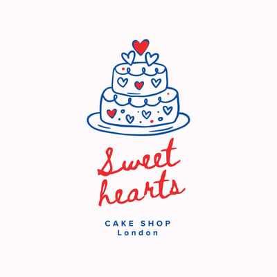 Cute Illustrated Sweet Cake Shop Logo Canva template, red and blue