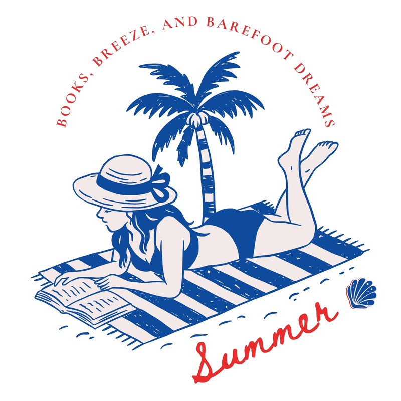 Illustrated Beach Summer Reading Tote Bag Canva template, red and blue