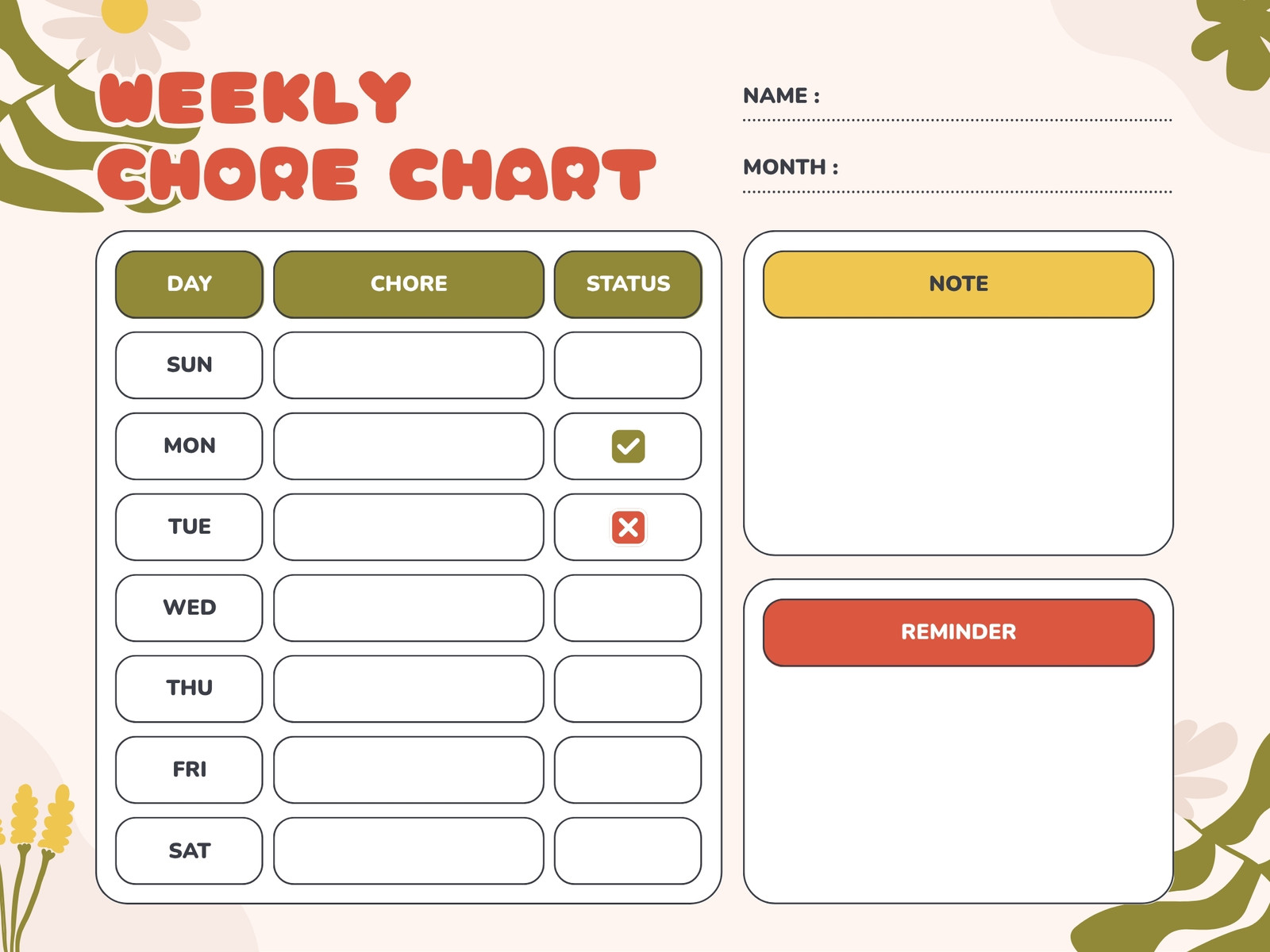Olive and Red Playful Abstract Floral Weekly Chore Chart Graph