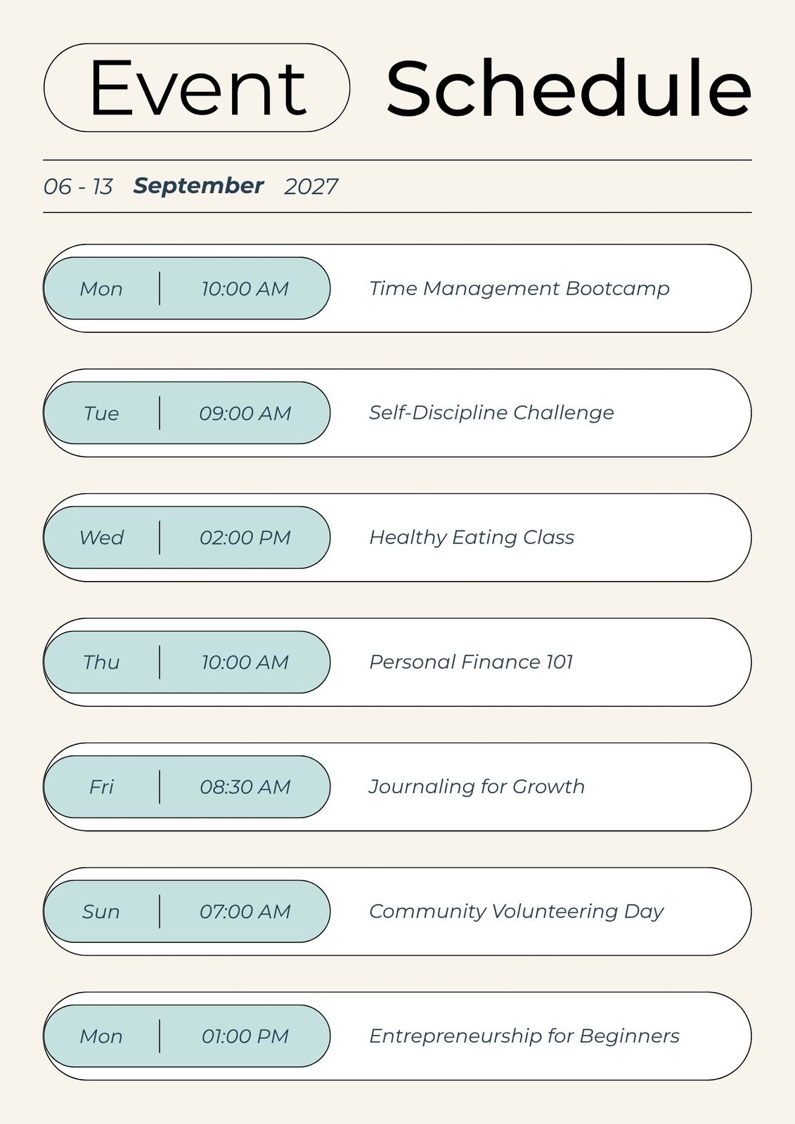 Beige and Teal Simple Event Schedule A4
