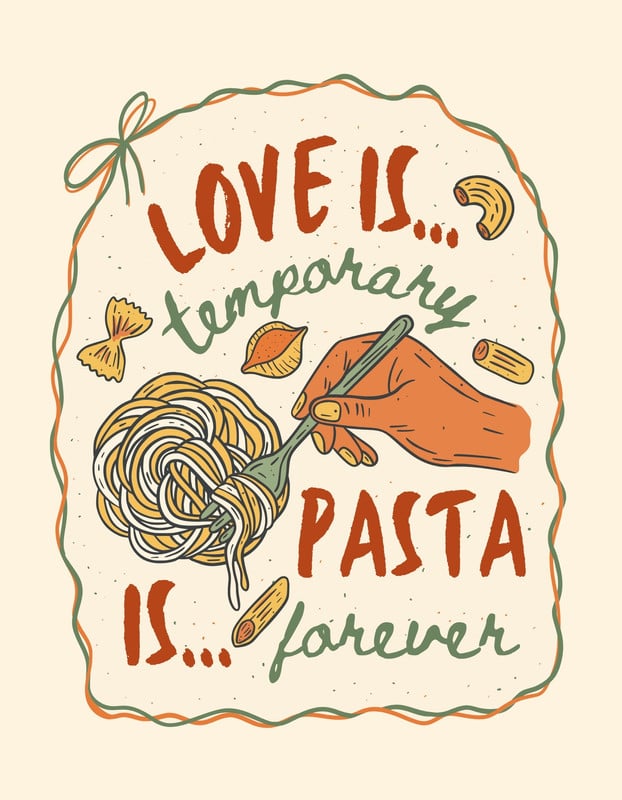 Retro Vintage Quirky Pasta Food Lover Lifestyle and Hobbies T-Shirt Canva template, beige and red