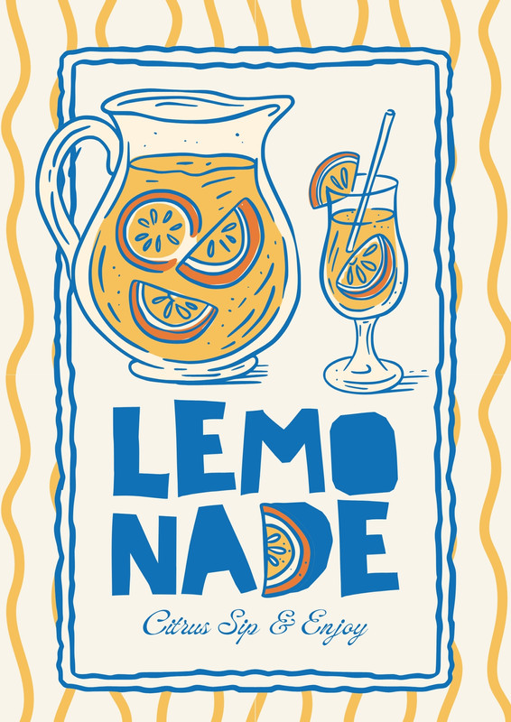 Retro Lemonade Drink Nostalgia Lemonade Summer Poster Canva template, yellow and blue