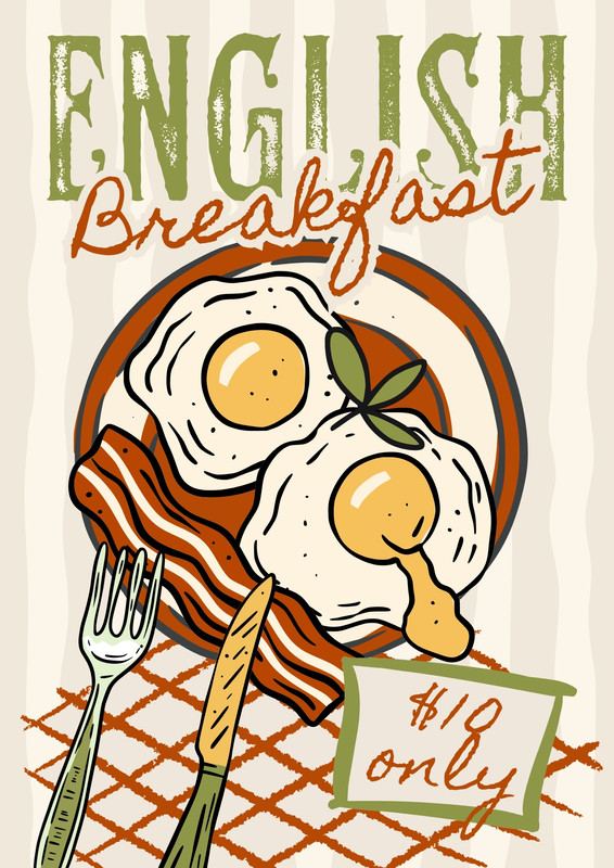 Retro Vintage English Breakfast Restaurant Eggs Food Poster Canva template, green and red