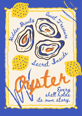 Retro Illustrated Whimsical Oyster Inspirational Quote Poster Canva template, blue and yellow