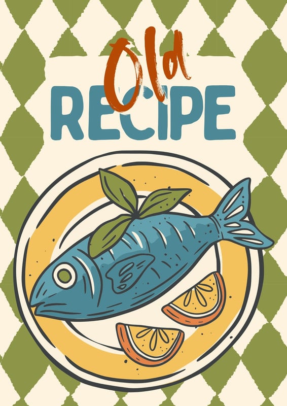 Retro Vintage Seafood Fish Recipe Food Poster Canva template, green and blue