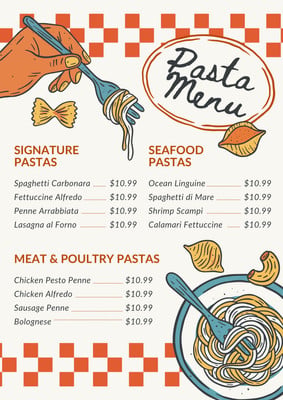 Illustrated Retro Vintage Italian Pasta Menu Canva template, orange and beige