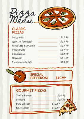 Retro Vintage Italian Food Pizza Menu Canva template, red and beige