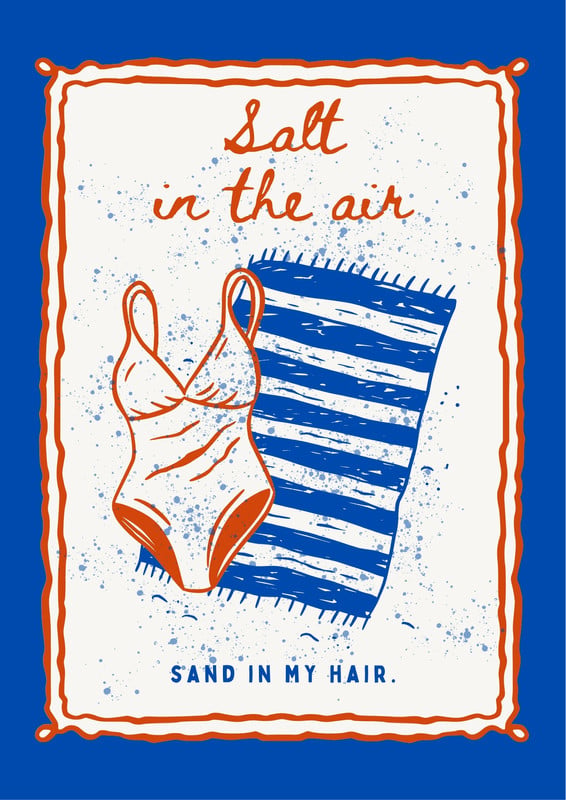 Retro Vintage Summer Travel Vacation Beach Poster Canva template, blue and red