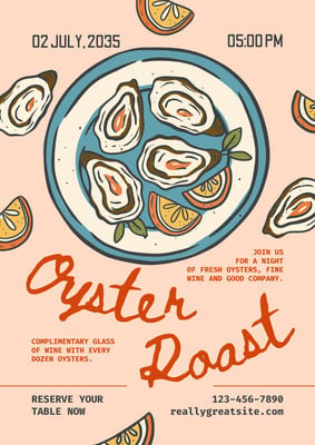Retro Illustrated Whimsical Oyster Roast Restaurant Event Food Flyer Canva template, peach and blue