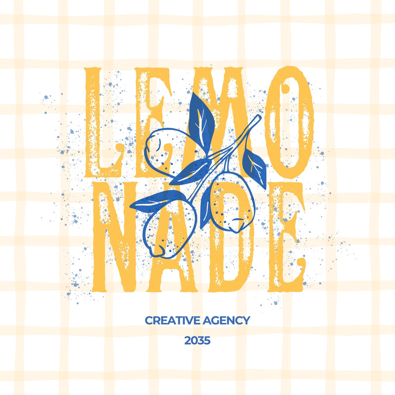 Retro Vintage Illustrated Lemon Creative Logo Canva template, yellow and blue