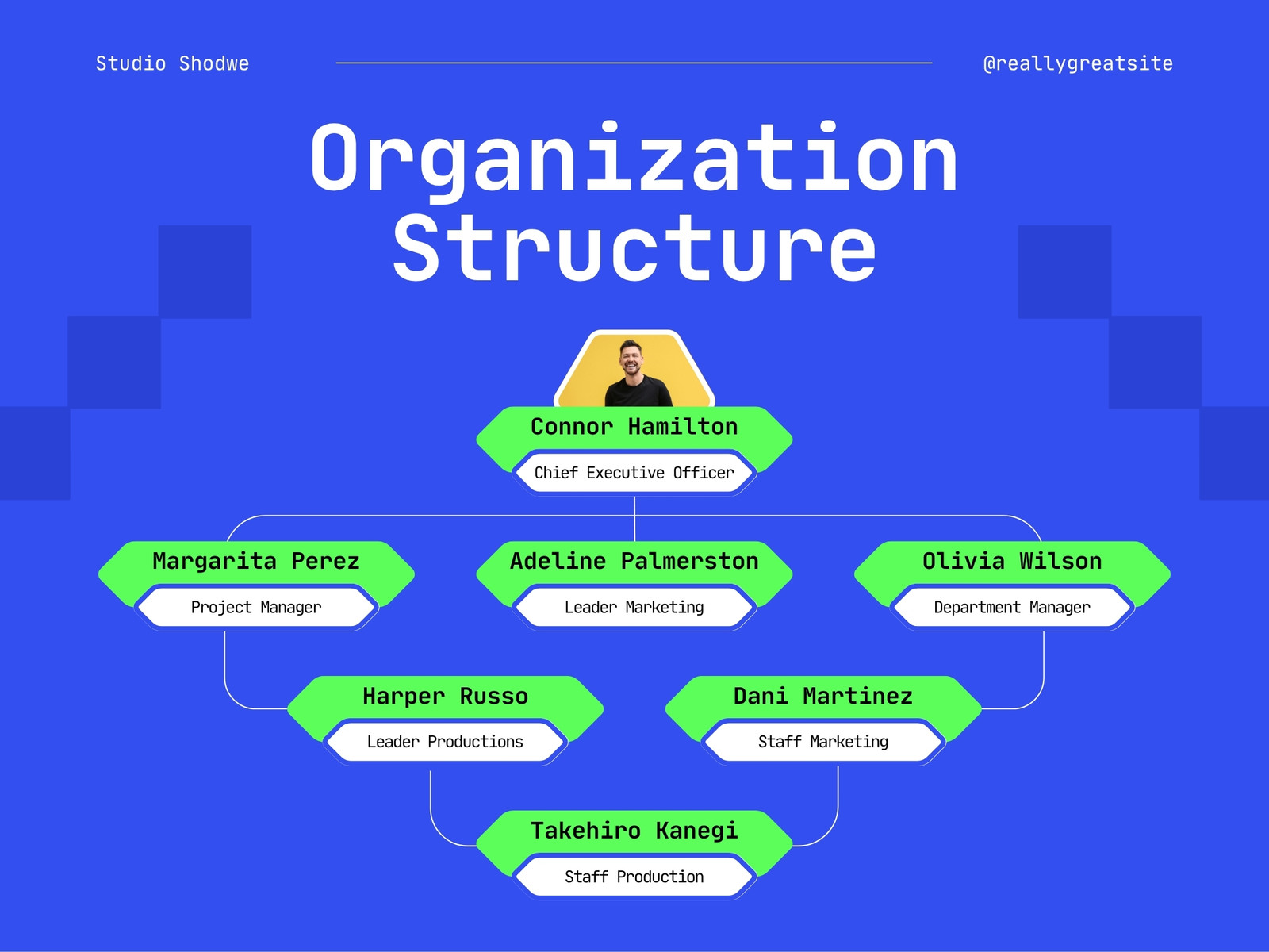 Blue and Green Modern Organization Structure Flowchart Graph