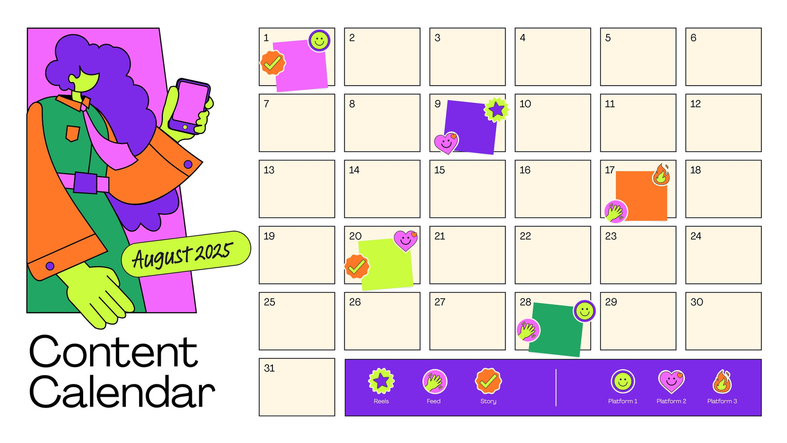 Colorful Bold Dynamic Monthly Content Calendar Whiteboard