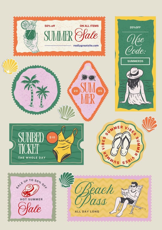 Retro Vintage Summer Sticker Tag Sale Coupon Document A4 Document Canva template, green and yellow