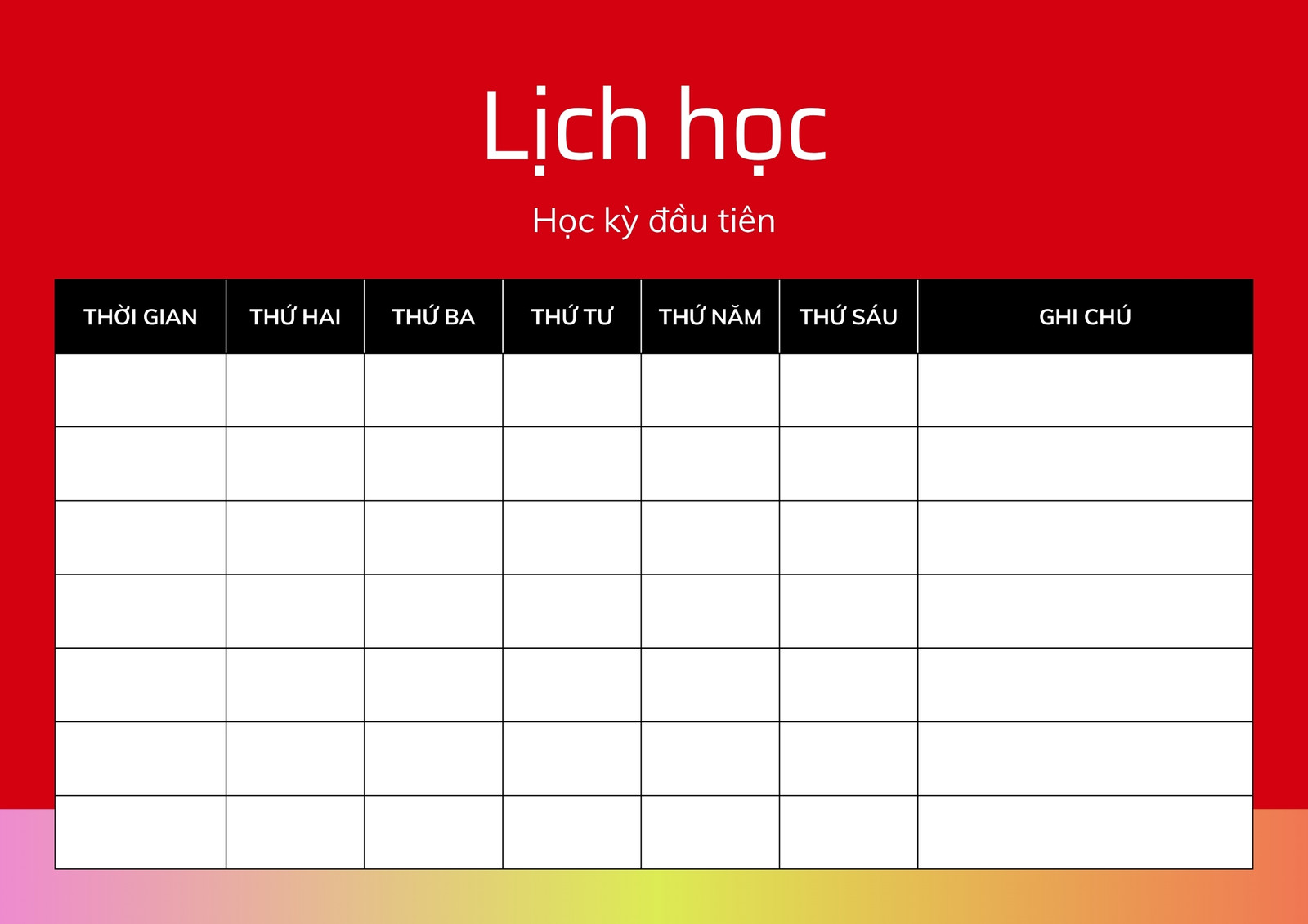 Mẫu thời khóa biểu lớp học đỏ hồng vàng Mẫu thời khóa biểu lớp học đỏ hồng vàng