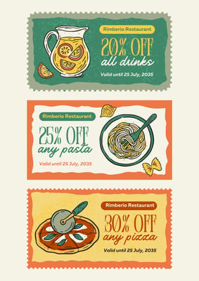 Illustrated Retro Restaurant Sale Discount Food Coupon Canva template, green and yellow