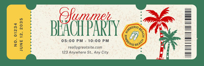 Retro Vintage Summer Beach Party Event Ticket Canva template, green and yellow