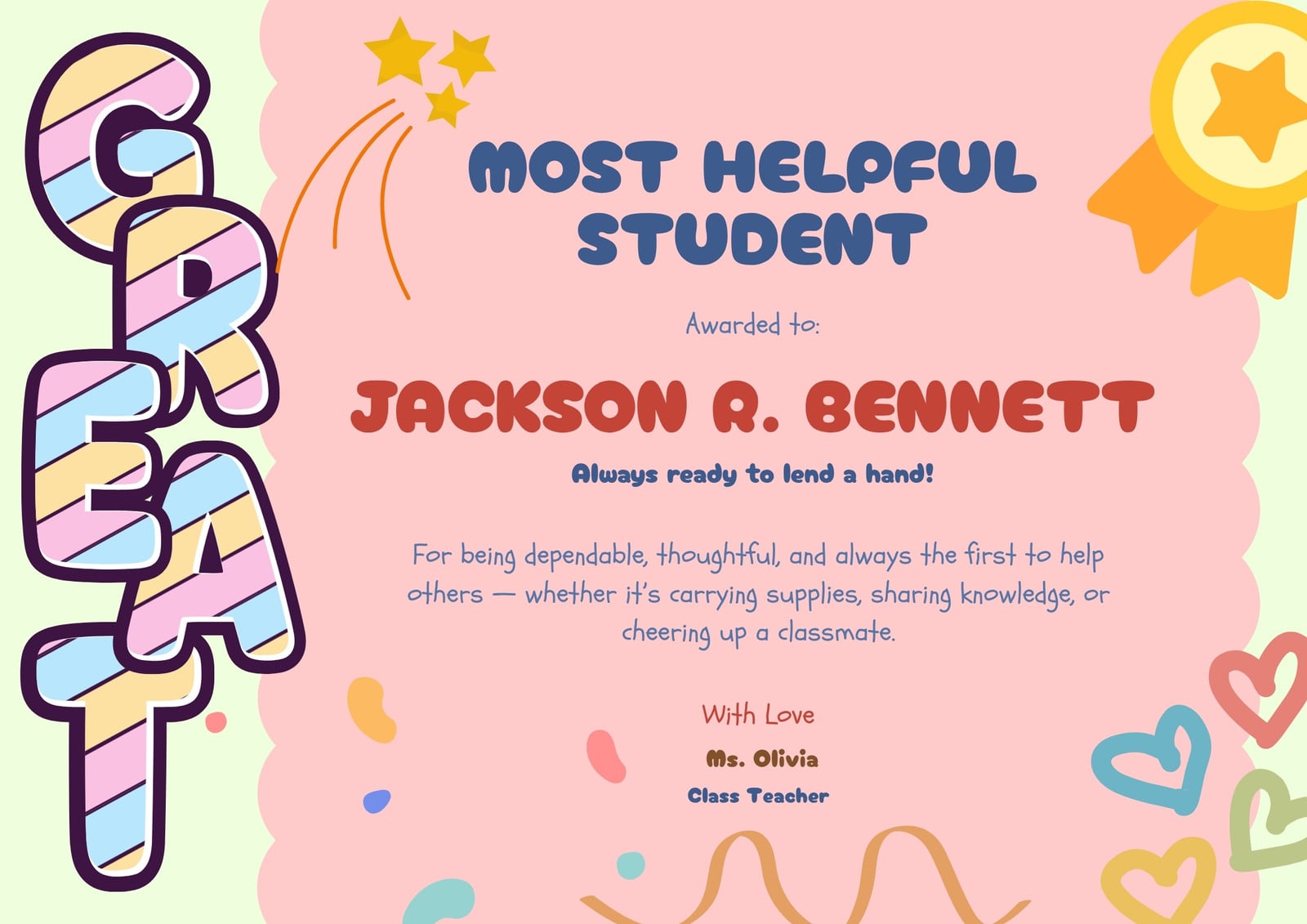 Playful Student Award Certificate for Most Helpful Student