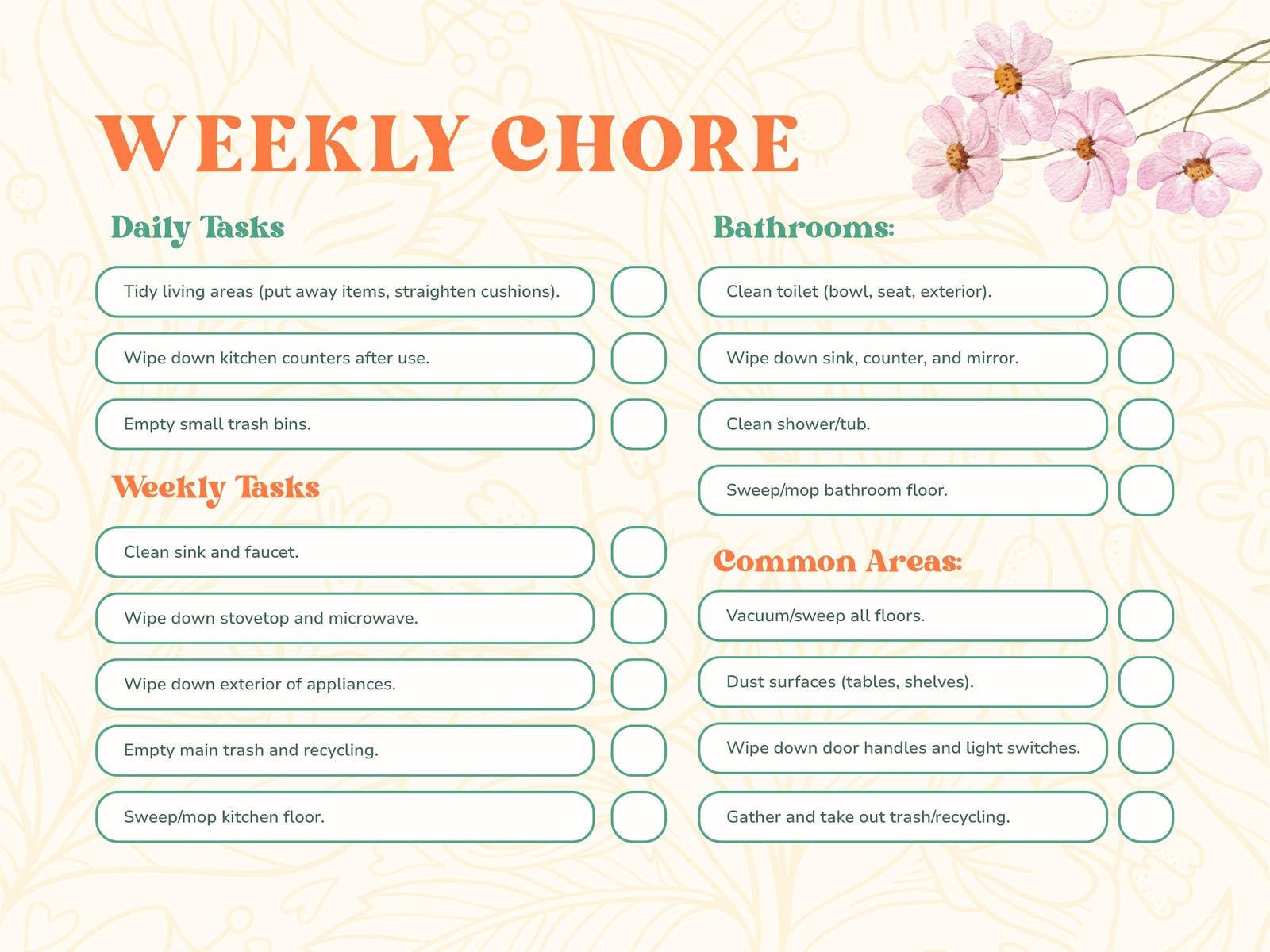 Peach and Pink Illustrated Weekly Chore Graph