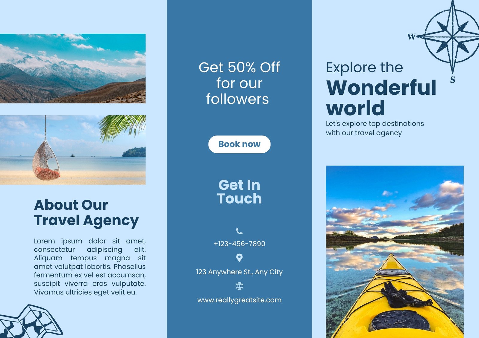 Blue and Yellow Modern Travel Agency Trifold Brochure (EU)