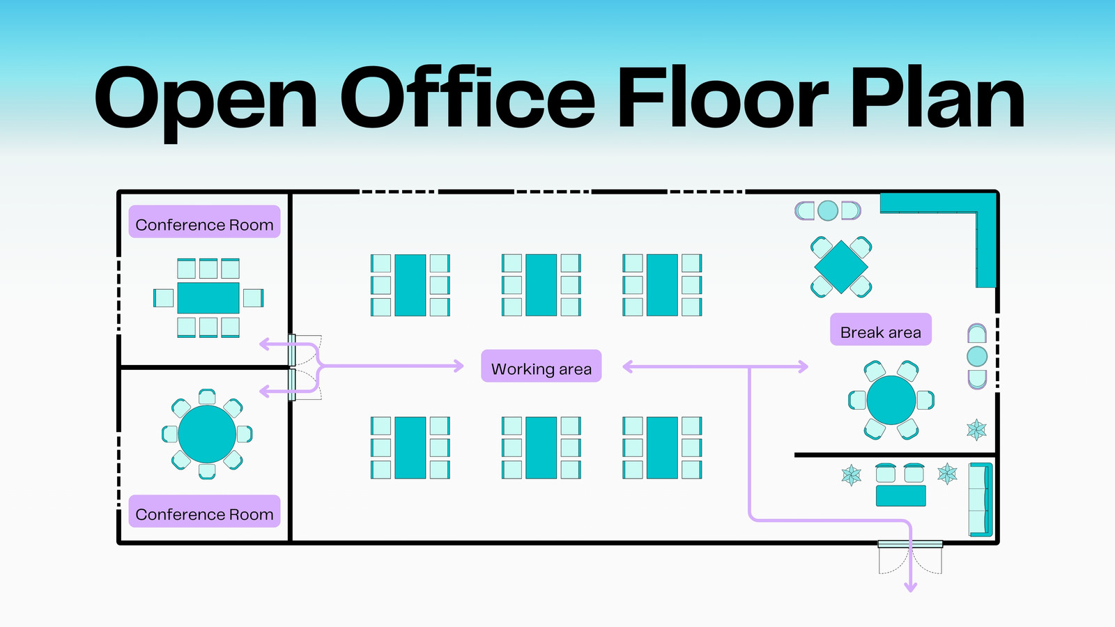 Open Office Floor Plan Whiteboard in Blue Pastel Purple White Minimal Type-Driven Style Open Office Floor Plan Whiteboard in Blue Pastel Purple White Minimal Type-Driven Style