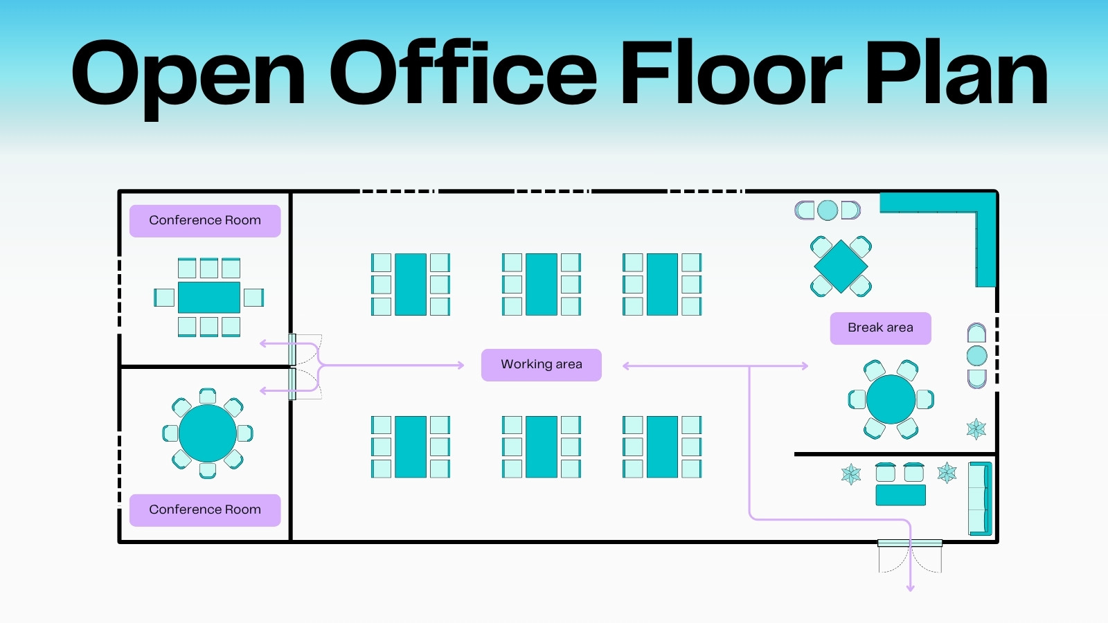 Open Office Floor Plan Whiteboard in Blue Pastel Purple White Minimal Type-Driven Style Open Office Floor Plan Whiteboard in Blue Pastel Purple White Minimal Type-Driven Style