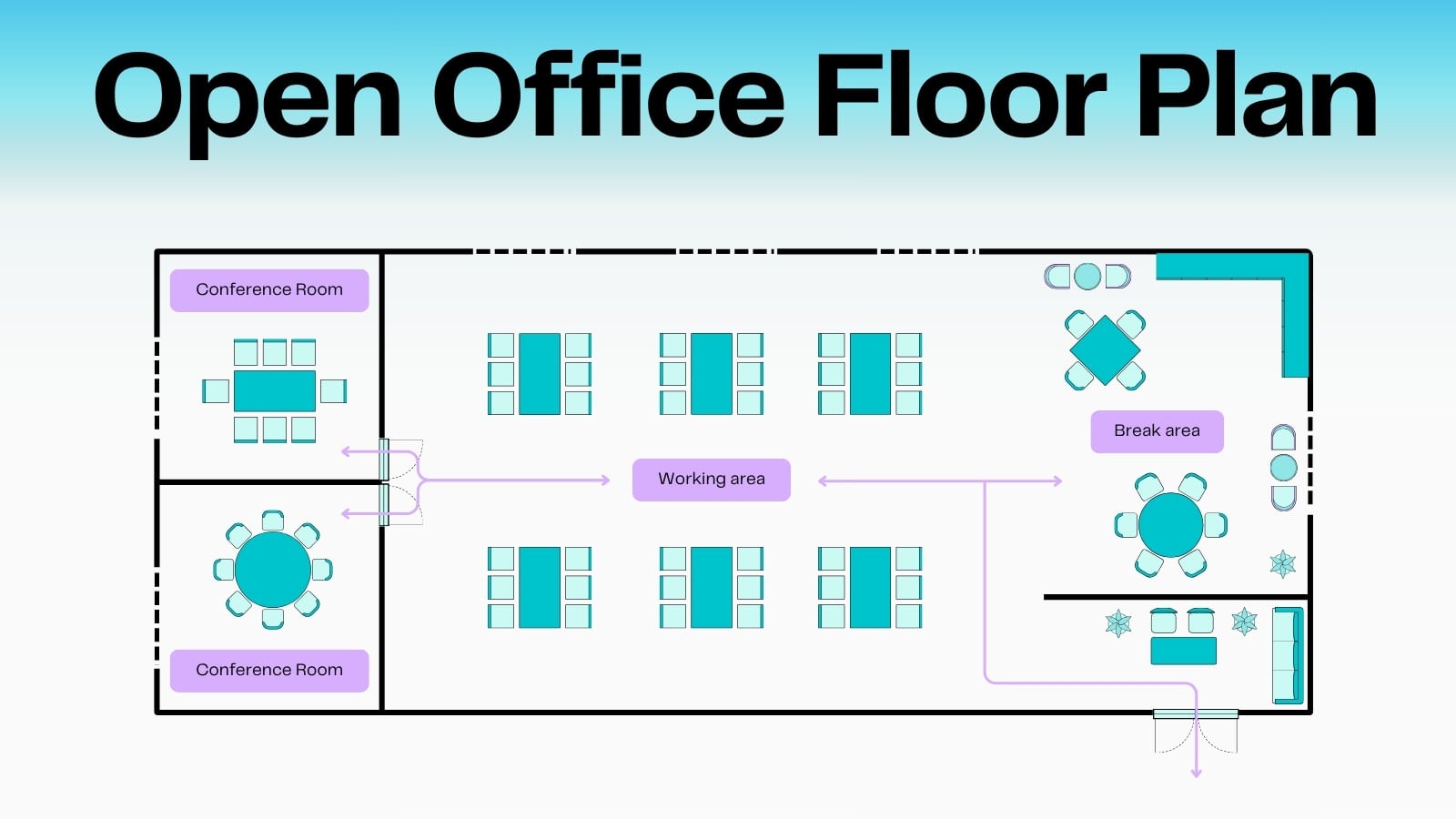 Open Office Floor Plan Whiteboard in Blue Pastel Purple White Minimal Type-Driven Style Open Office Floor Plan Whiteboard in Blue Pastel Purple White Minimal Type-Driven Style