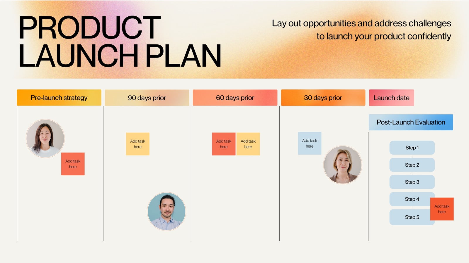 Product Launch Planning Whiteboard in Orange Scarlet Light Blue Minimal Gradient Style