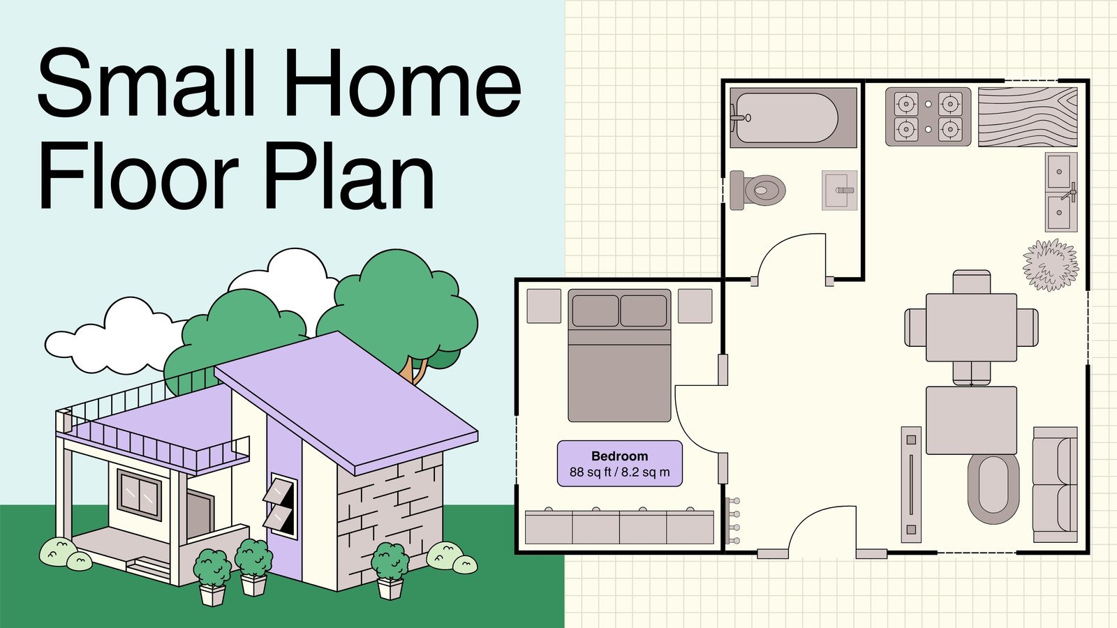 Small Home Floor Plan Whiteboard in Beige Sky Blue Light Brown Color Blocks Style
