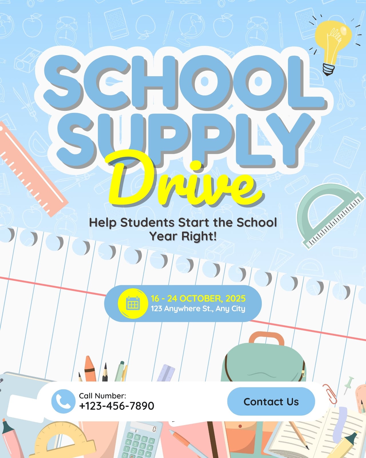 Sea Blue and White Illustration Back To School Supply Drive Instagram Post