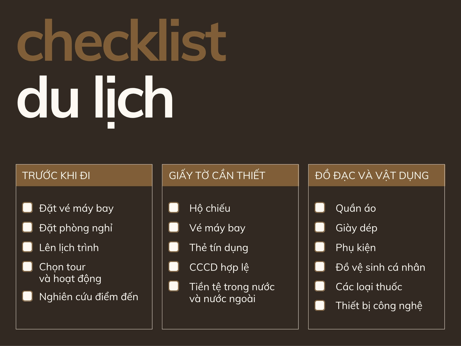 Biểu đồ Checklist Du lịch Nâu sẫm Trắng Phong cách Tối giản