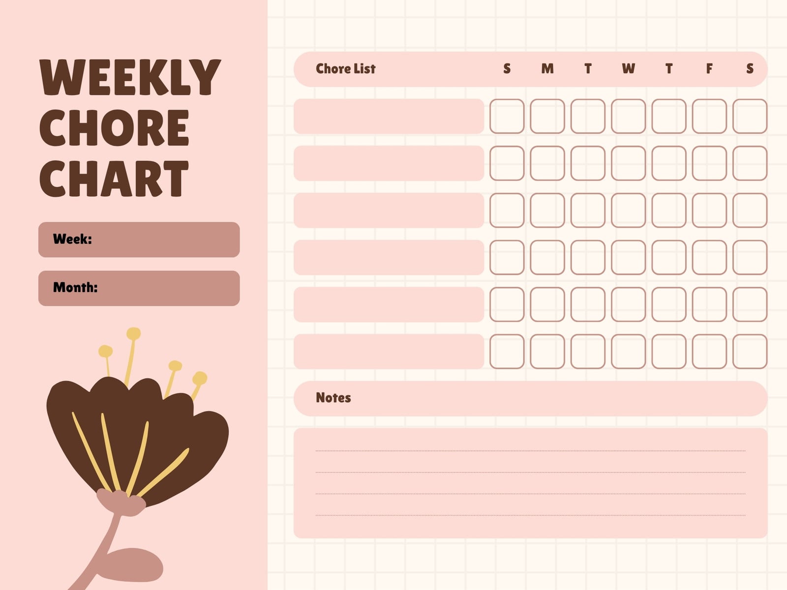 Brown and Pink Simple Floral Weekly Chore Chart Graph