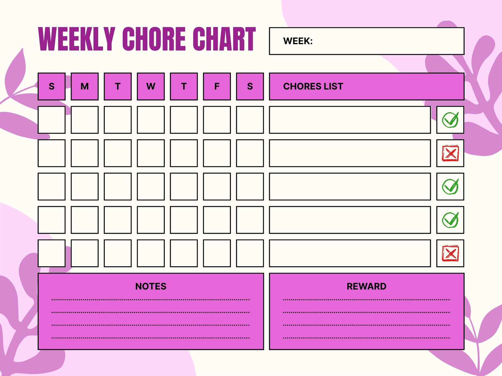 Pink and White Absract Floral Weekly Chore Chart Graph