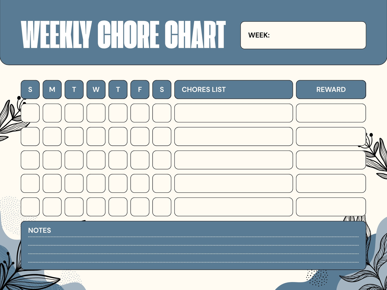 Blue and White Abstract Floral Weekly Chore Chart Graph