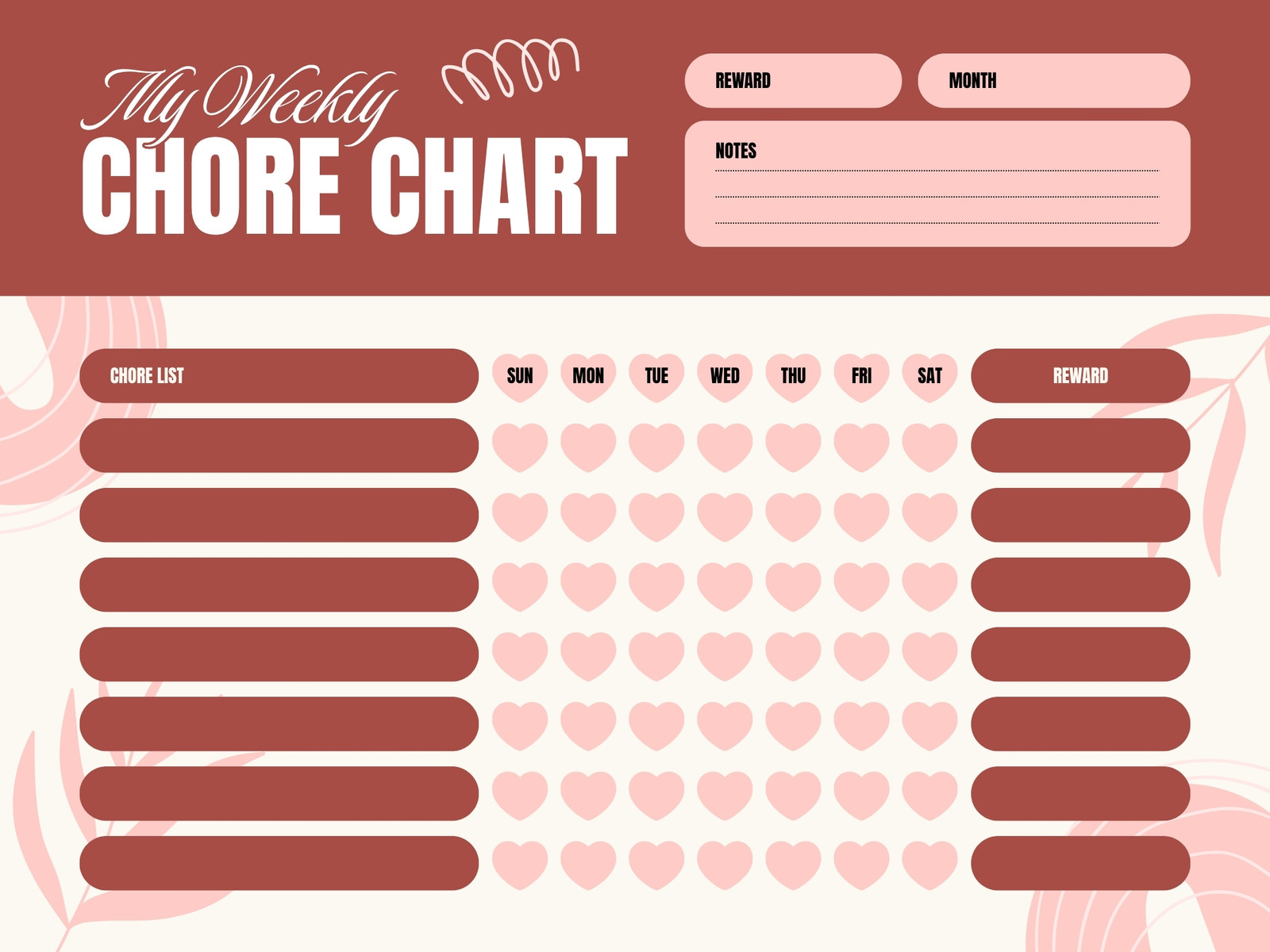Pink and Red Abstract Floral Weekly Chore Chart Graph