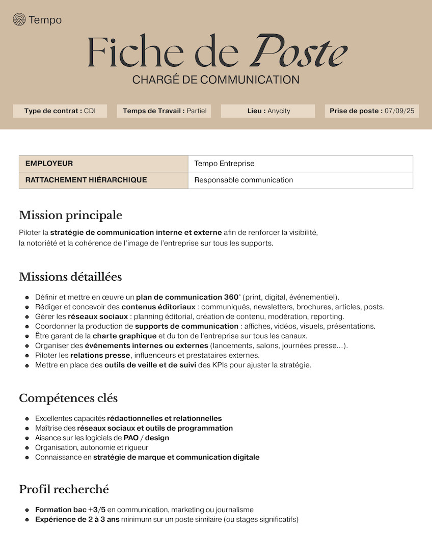 Fiche de Poste Chargé de Communication Professionnel Simple Beige