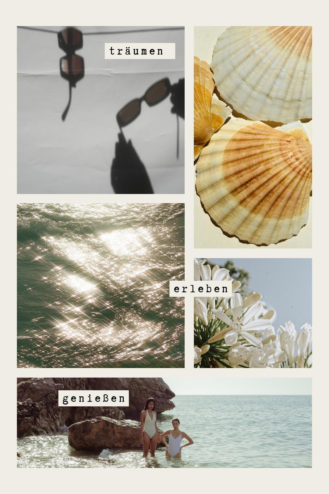 Creme Blau Elegant Minimalistisch Urlaub Inspiration Sommer Moodboard Foto Collage 