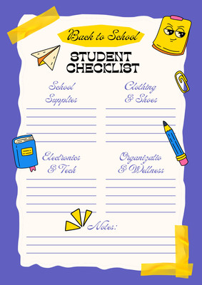 Playful Illustrated Student Checklist A4 Checklist Canva template, yellow and purple