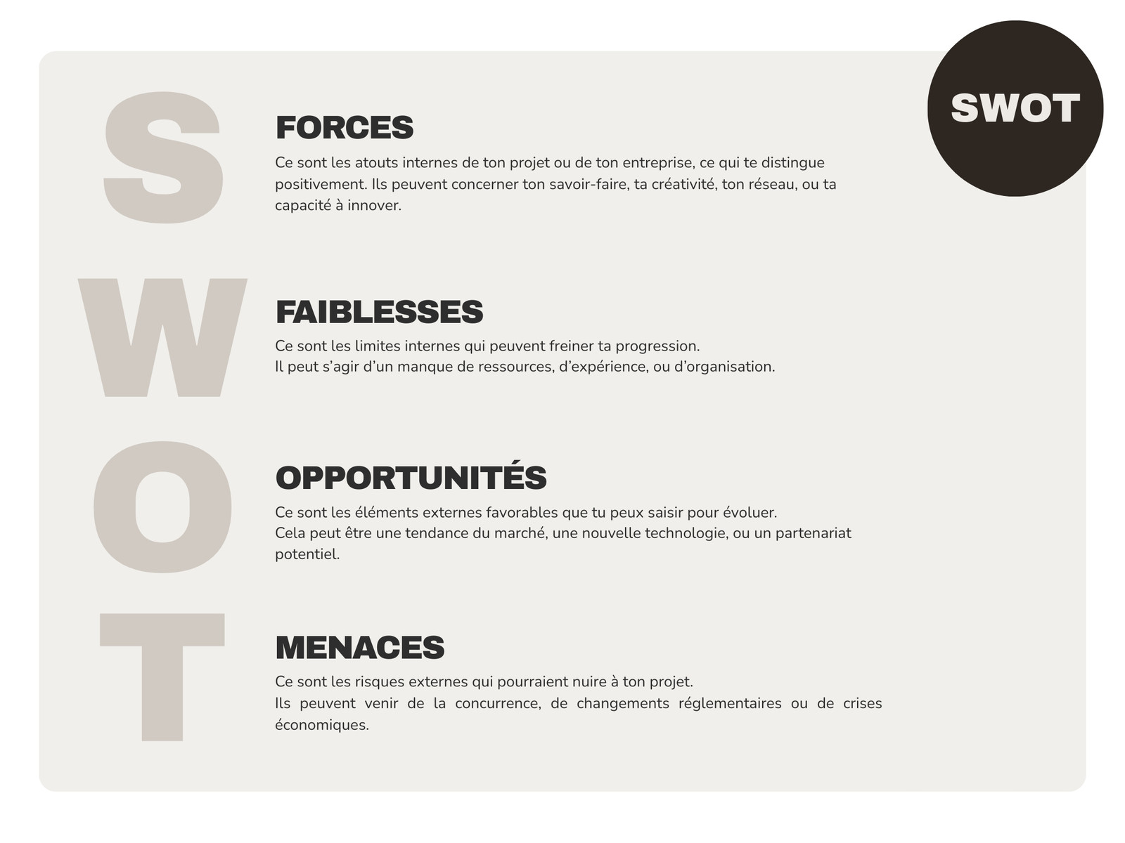 Graphique Analyse SWOT Moderne Beige Noir